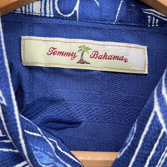 Tommy Bahama 100% Silk Hawaiian Shirt Men's Large Geometric Floral Blue - Picture 3 of 7
